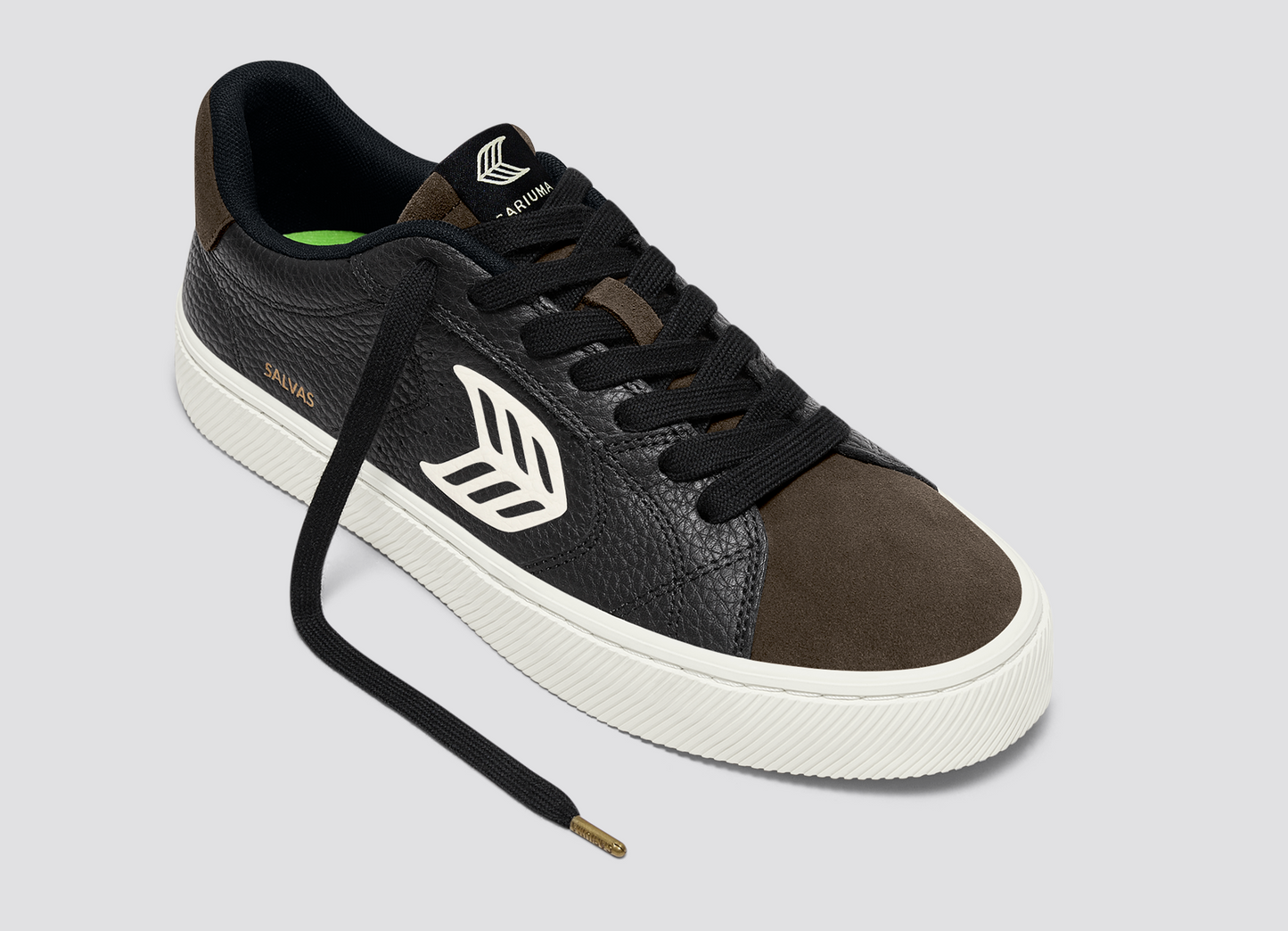 SALVAS Black Premium Leather Khaki Suede Ivory Logo Sneaker