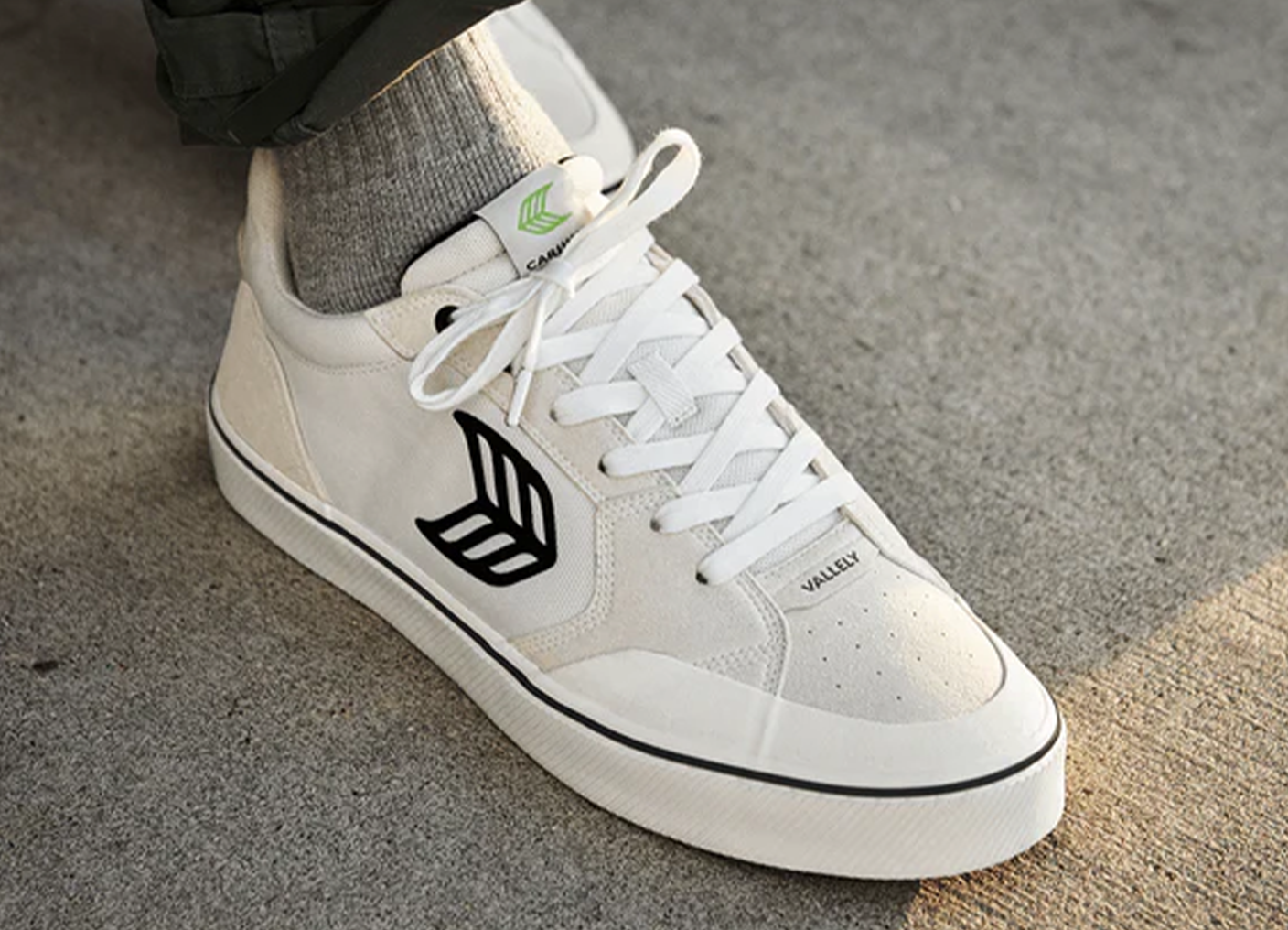 VALLELY PRO Vintage White Suede and Off-White Cordura Black Logo Sneaker