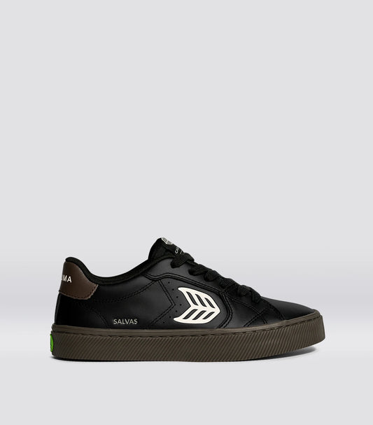 SALVAS Black and Teak Leather Ivory Logo Sneaker