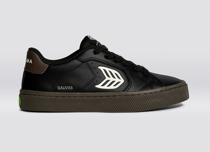 SALVAS Black and Teak Leather Ivory Logo Sneaker