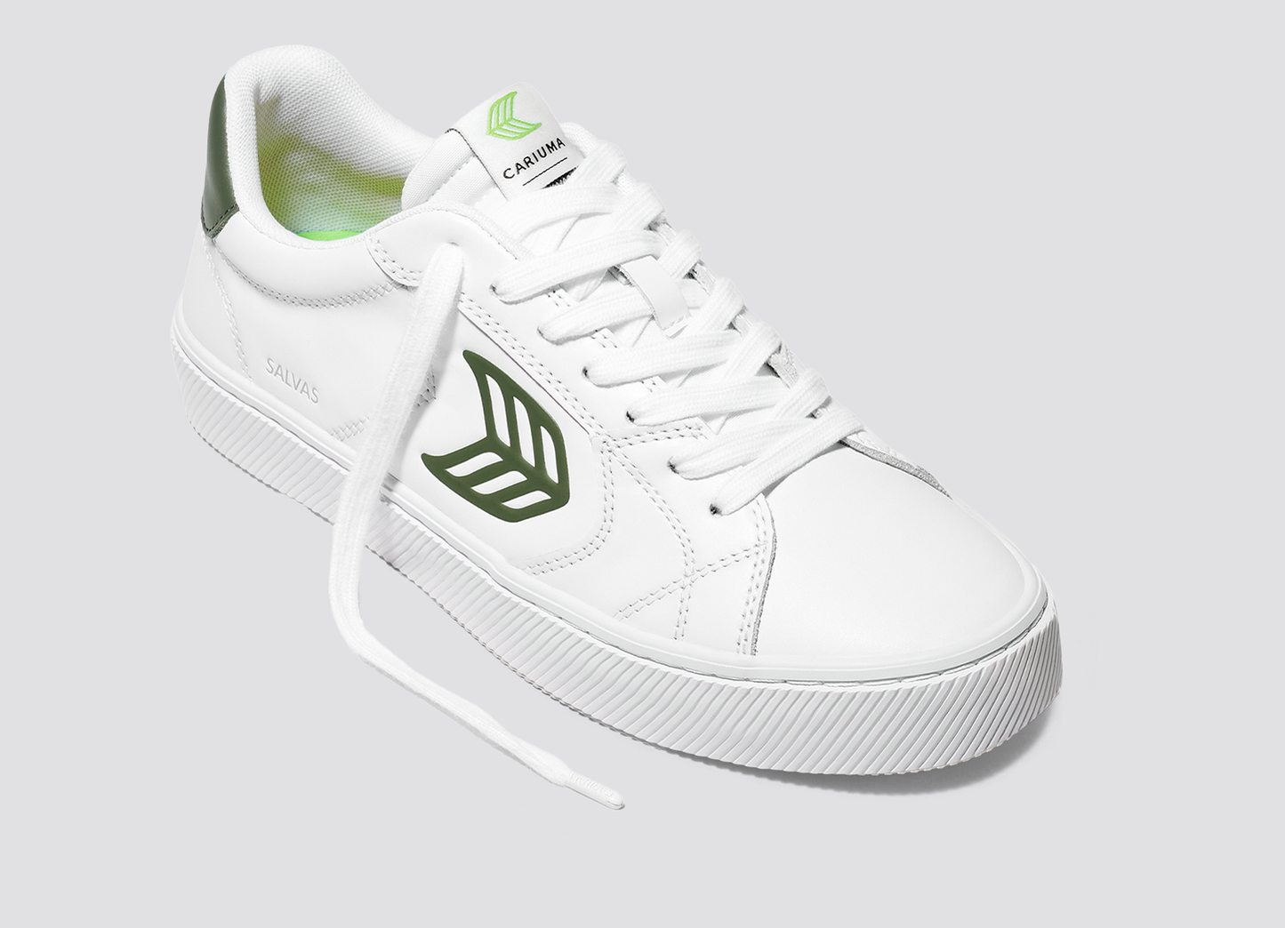 SALVAS White Leather Bronze Green Logo Sneaker