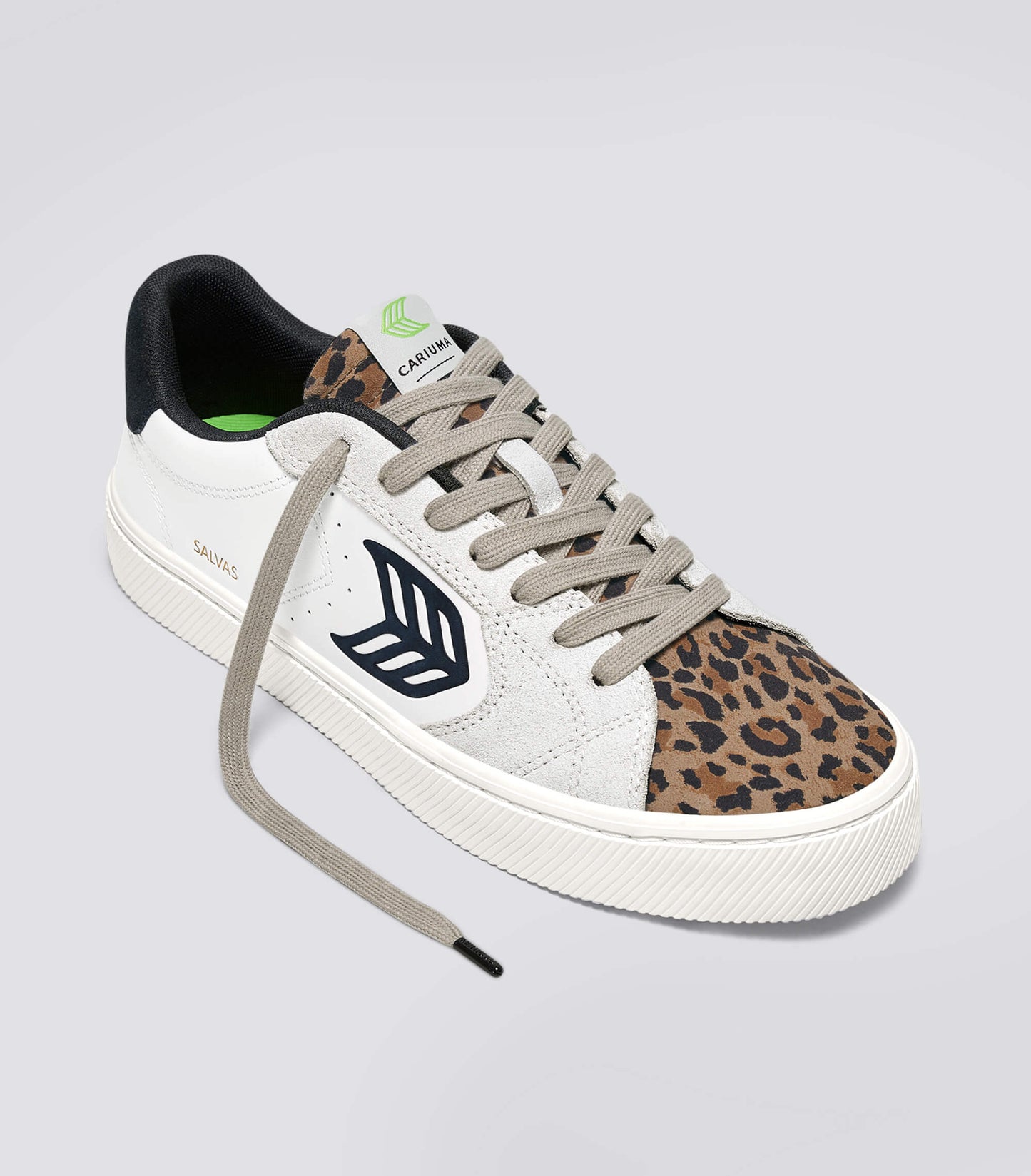 SALVAS White Leather Leopard Print Suede Black Logo Sneaker