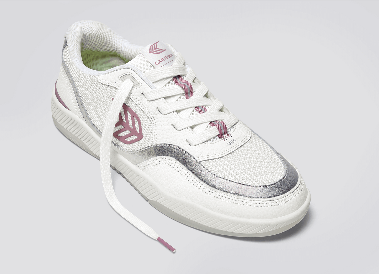 UBA White Leather and Suede Blush Pink Logo Silver Accents Sneaker