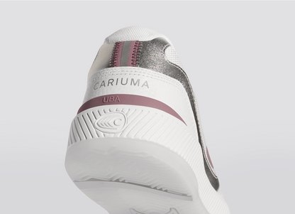 UBA White Leather and Suede Blush Pink Logo Silver Accents Sneaker