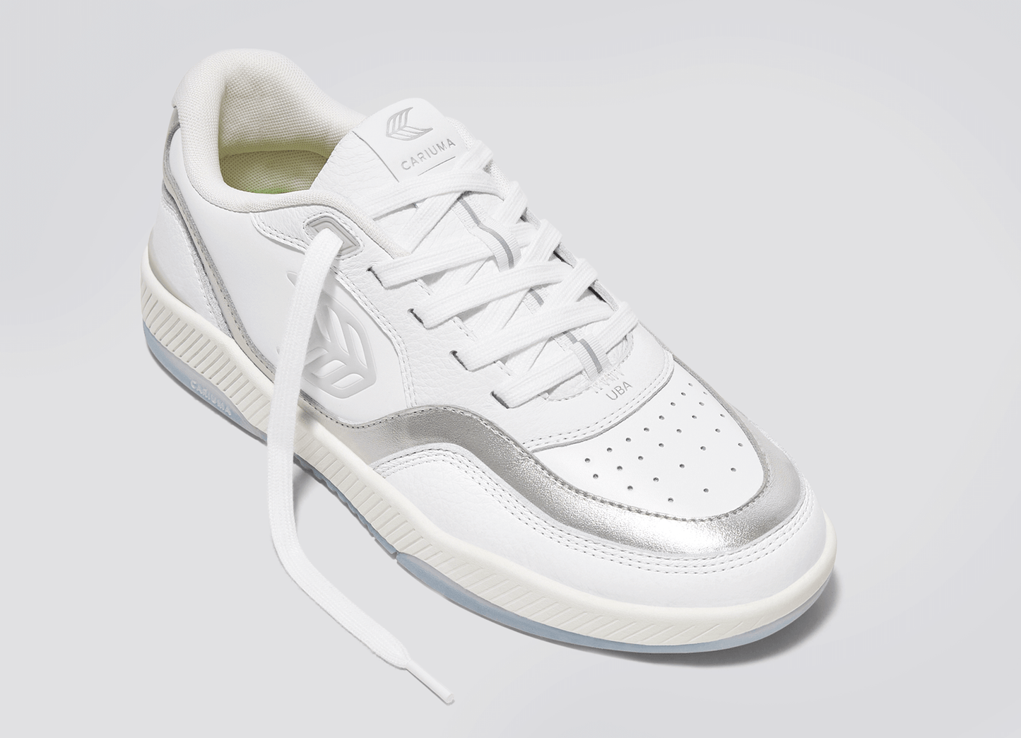 UBA White Leather Metallic Accents Ice Logo Sneaker