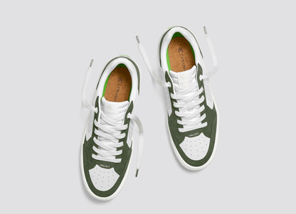 VALLELY White Leather Bronze Green Suede Ice Logo Sneaker